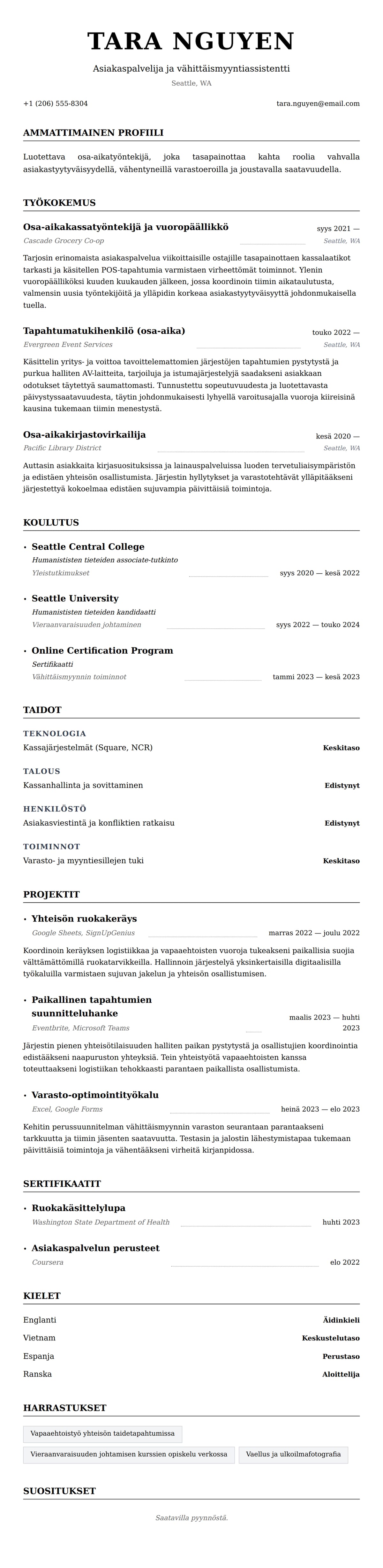 Ansioluetteloesikatselu kohteelle Osa-aikatyön ansioluetteloesimerkki