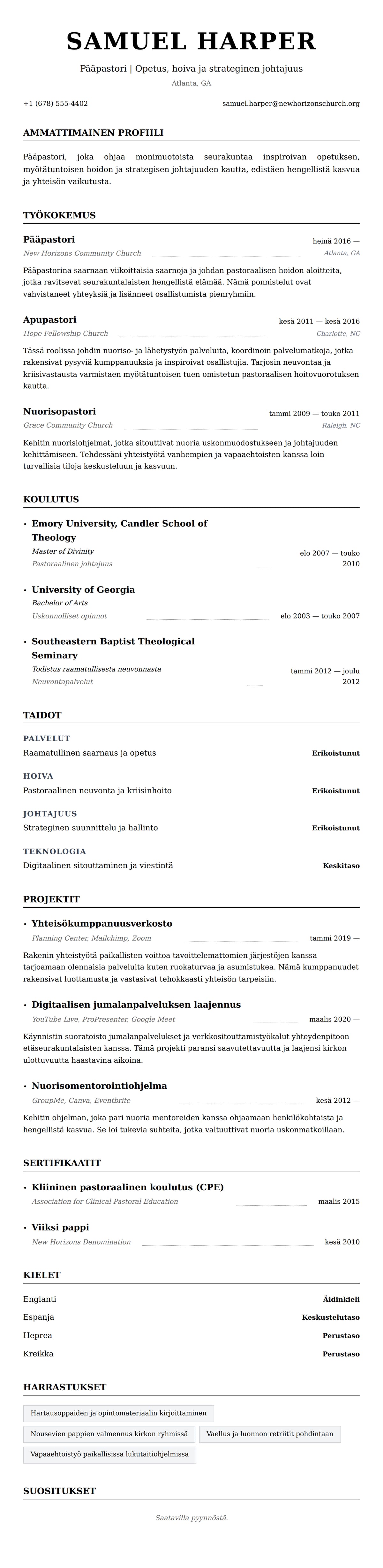 Ansioluetteloesikatselu kohteelle Pastorin ansioluetteloesimerkki