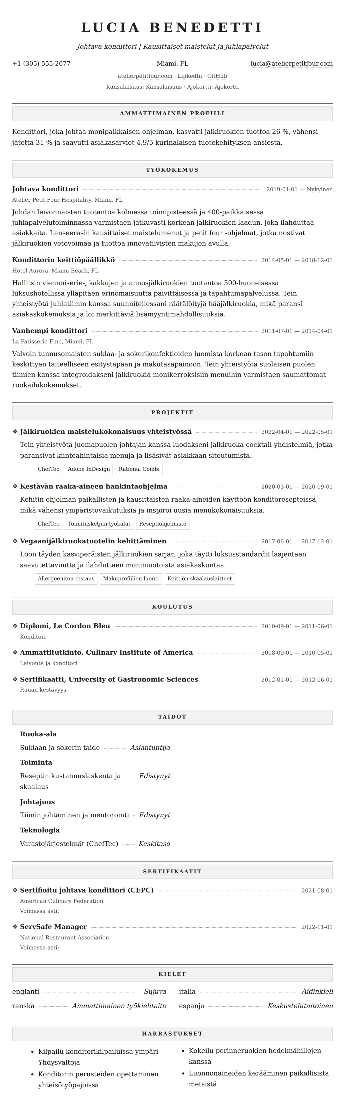 Ansioluetteloesikatselu kohteelle Kondittorin ansioluetteloesimerkki
