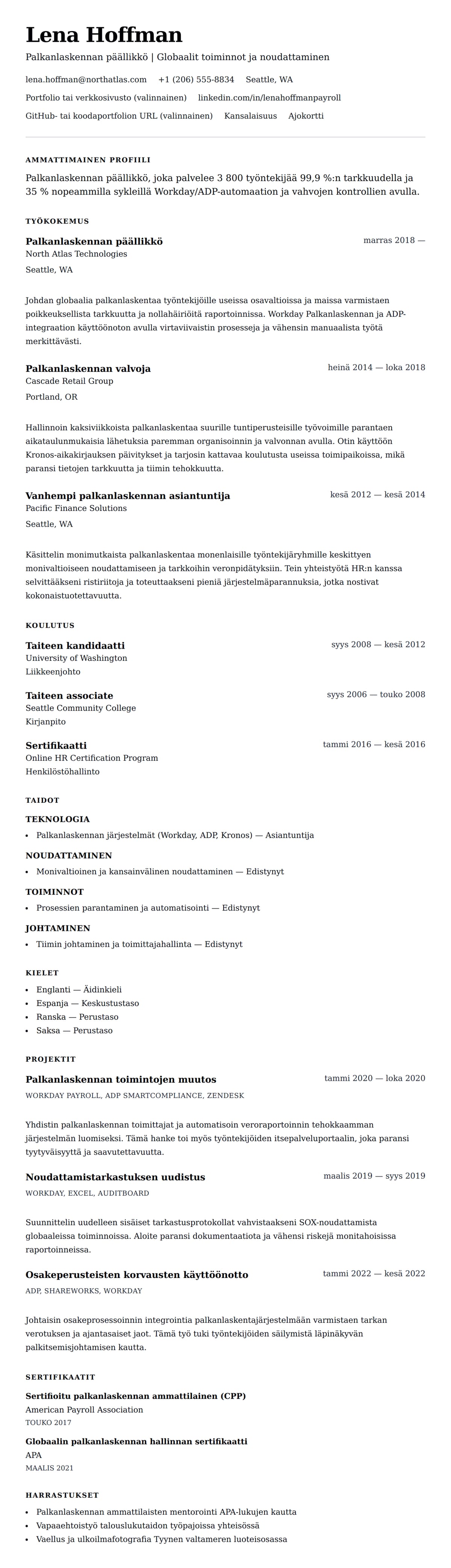 Ansioluetteloesikatselu kohteelle Palkanlaskennan päällikkö CV-esimerkki