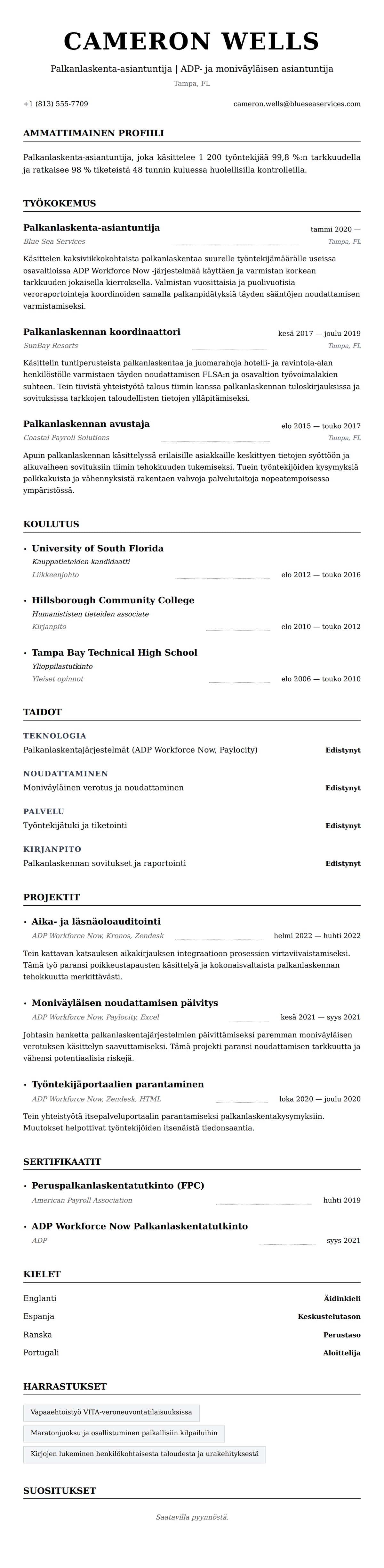 Ansioluetteloesikatselu kohteelle Palkanlaskenta-asiantuntijan CV-esimerkki