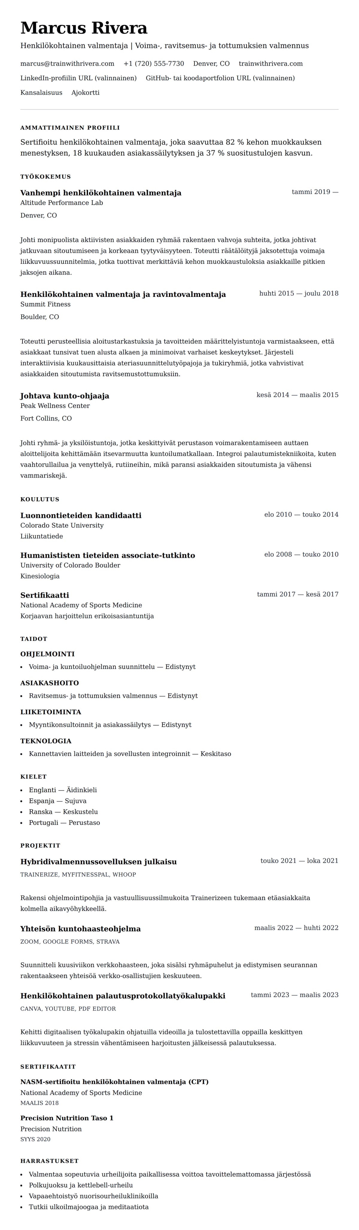 Ansioluetteloesikatselu kohteelle Henkilökohtaisen valmentajan ansioluetteloesimerkki