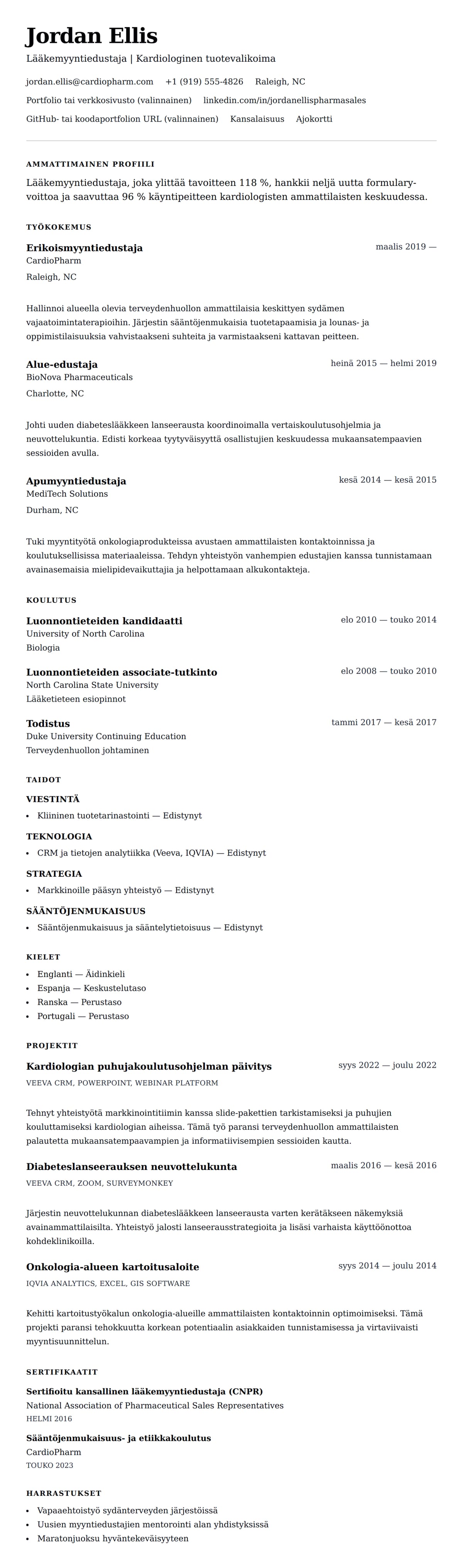 Ansioluetteloesikatselu kohteelle Lääkemyyntiedustajan ansioluetteloesimerkki