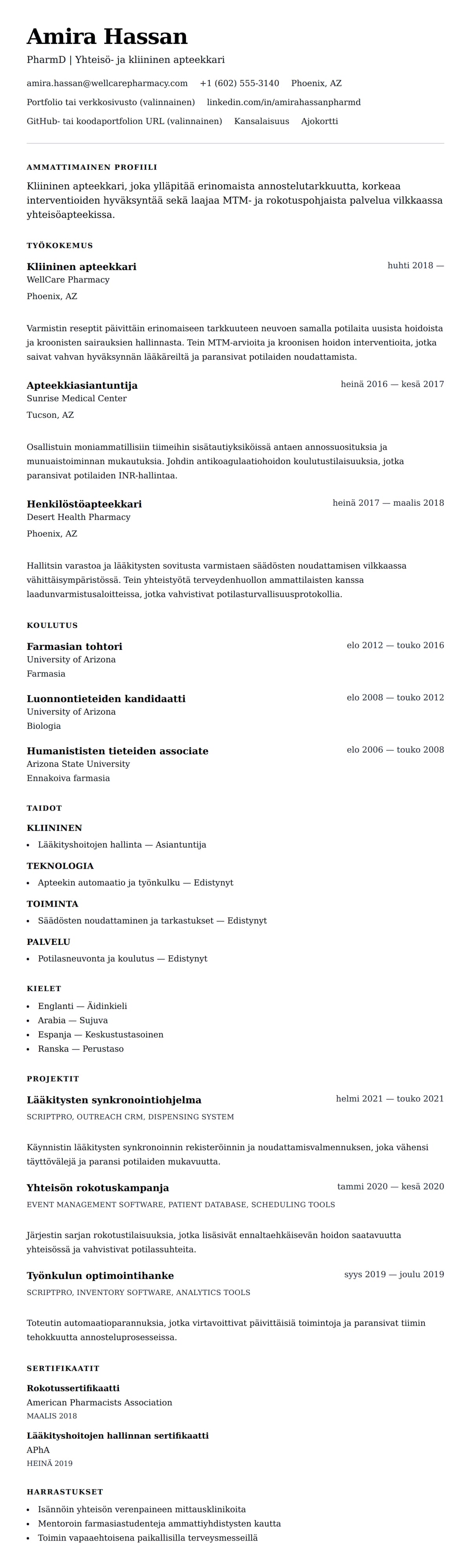 Ansioluetteloesikatselu kohteelle Apteekkarin ansioluettelo-esimerkki