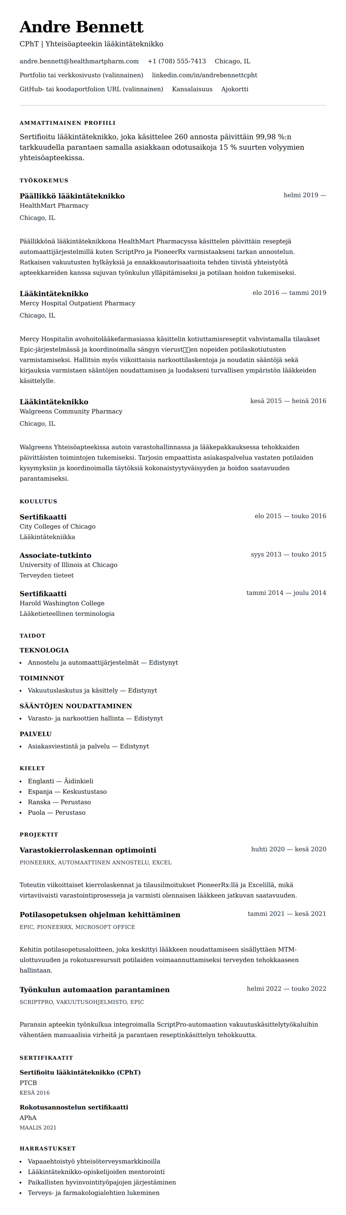 Ansioluetteloesikatselu kohteelle Lääkintäteknikon ansioluettelo esimerkki