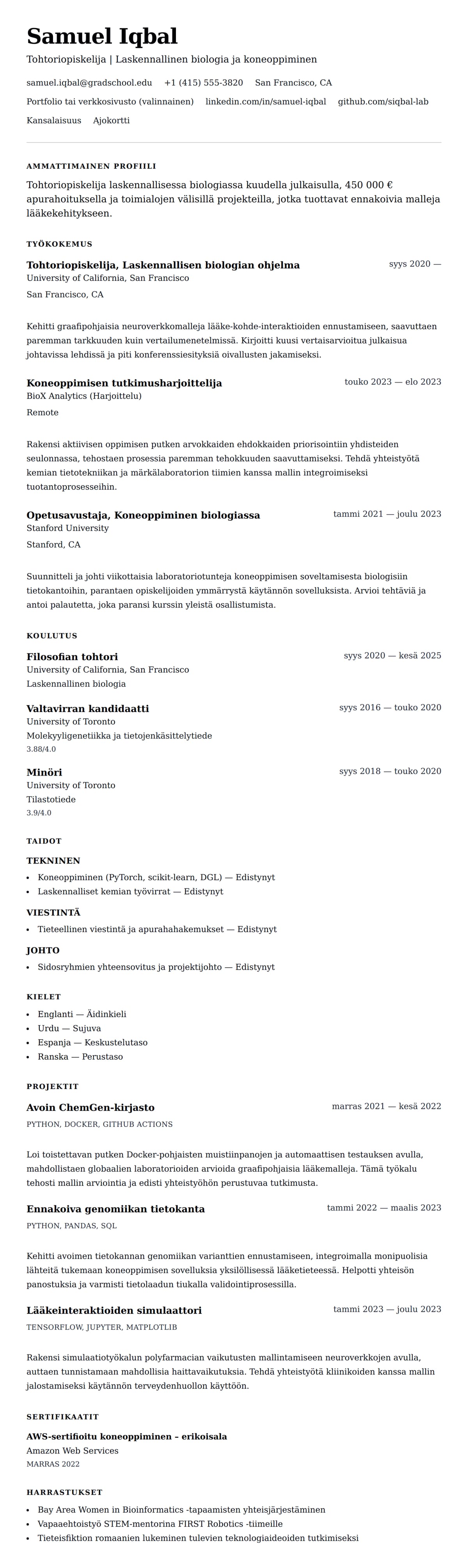 Ansioluetteloesikatselu kohteelle Tohtorin tutkinto CV -esimerkki