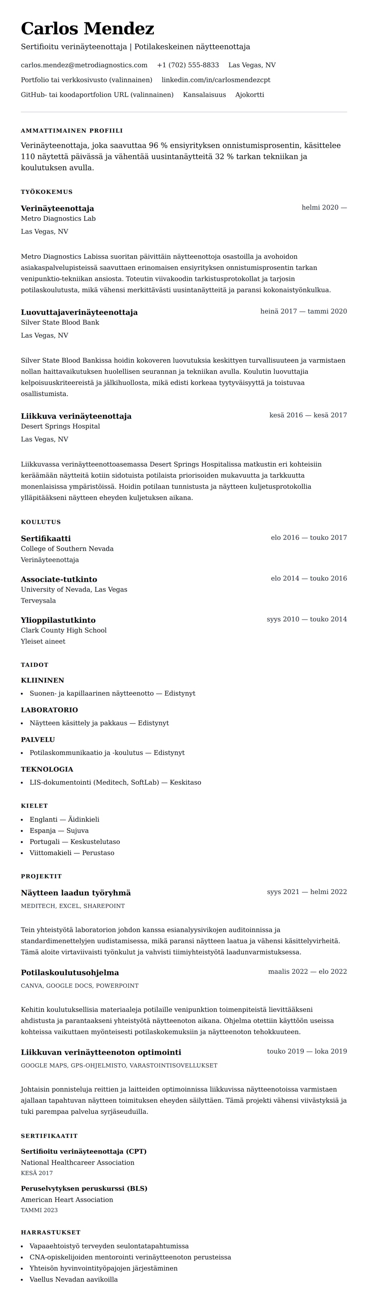 Ansioluetteloesikatselu kohteelle Verinäyteenottajan ansioluetteloesimerkki