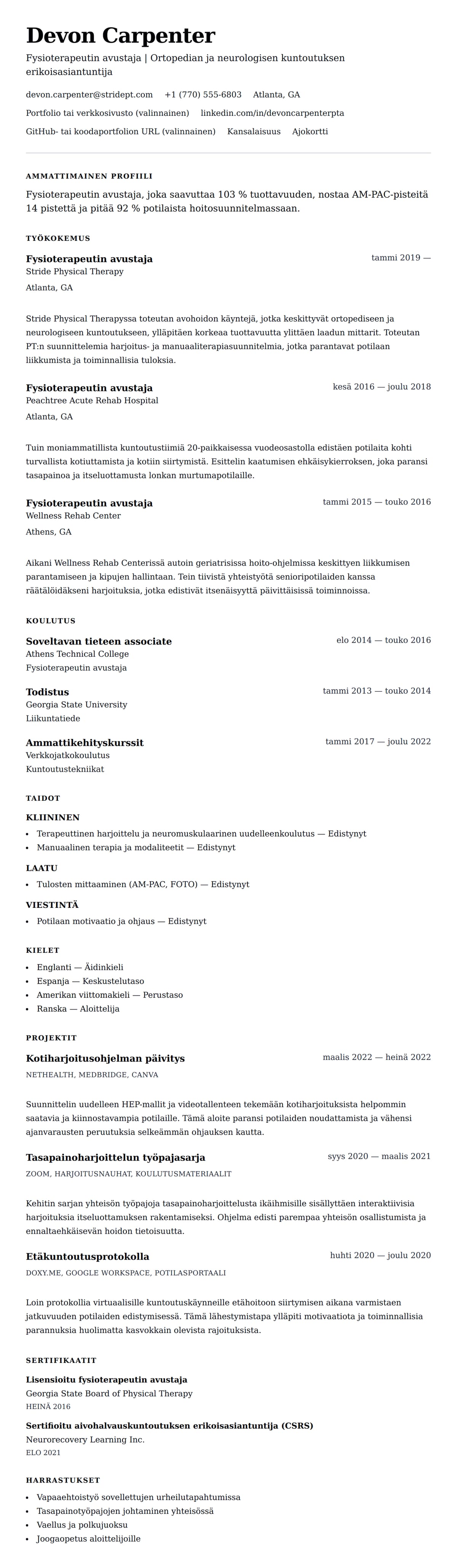 Ansioluetteloesikatselu kohteelle Fysioterapeutin avustaja (PTA) ansioluetteloesimerkki