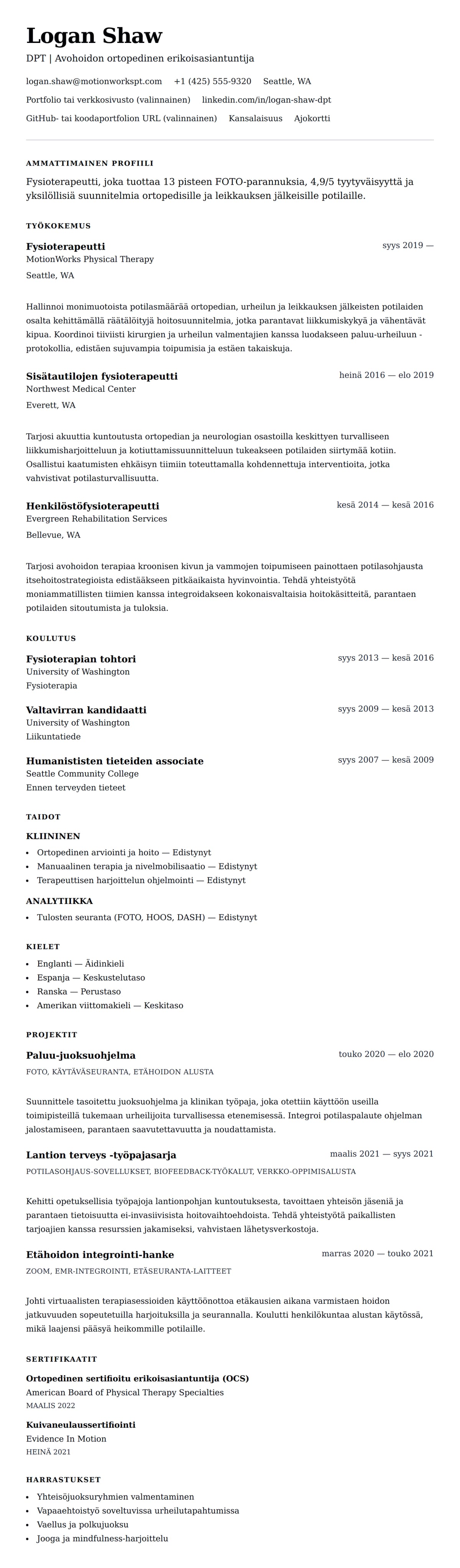 Ansioluetteloesikatselu kohteelle Fysioterapeutin ansioluettelo-esimerkki