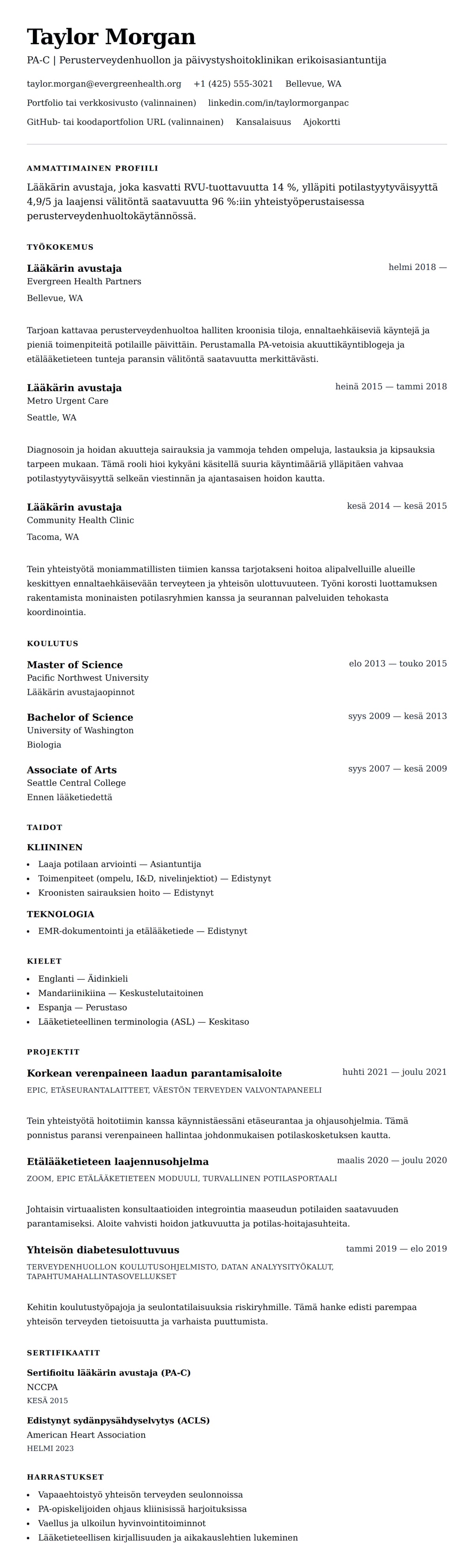 Ansioluetteloesikatselu kohteelle Lääkärin avustajan ansioluetteloesimerkki