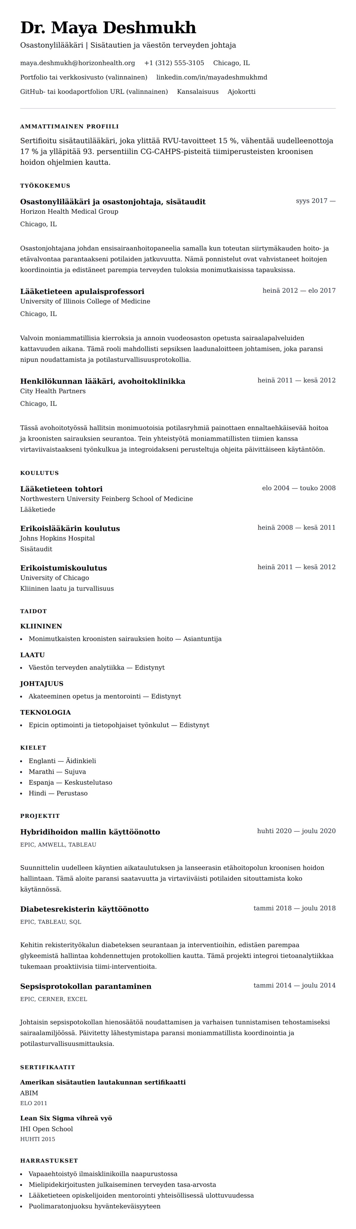 Ansioluetteloesikatselu kohteelle Lääkärin ansioluettelo-esimerkki