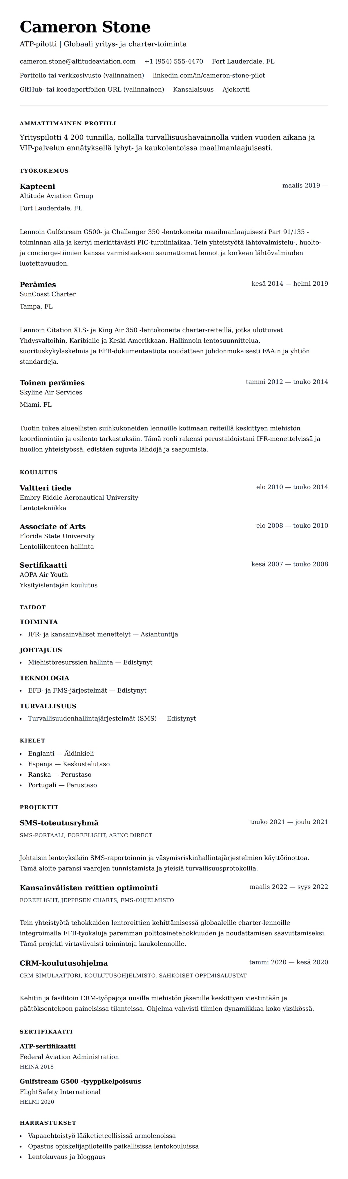 Ansioluetteloesikatselu kohteelle Pilotti CV-esimerkki