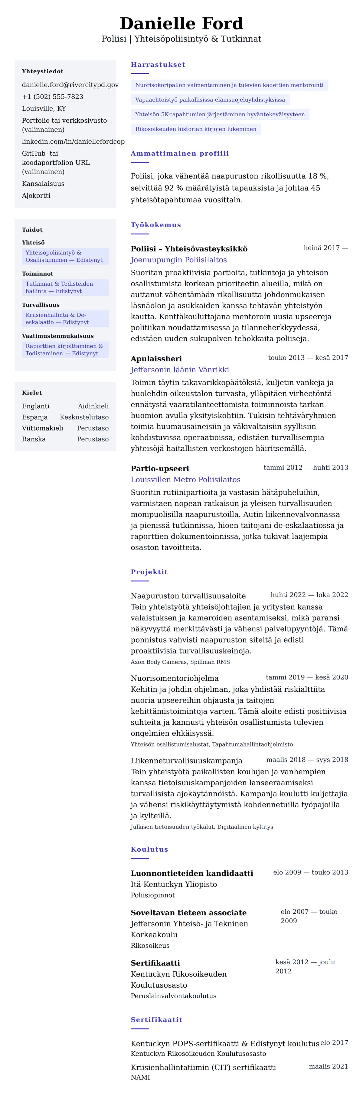 Ansioluetteloesikatselu kohteelle Poliisin ansioluetteloesimerkki