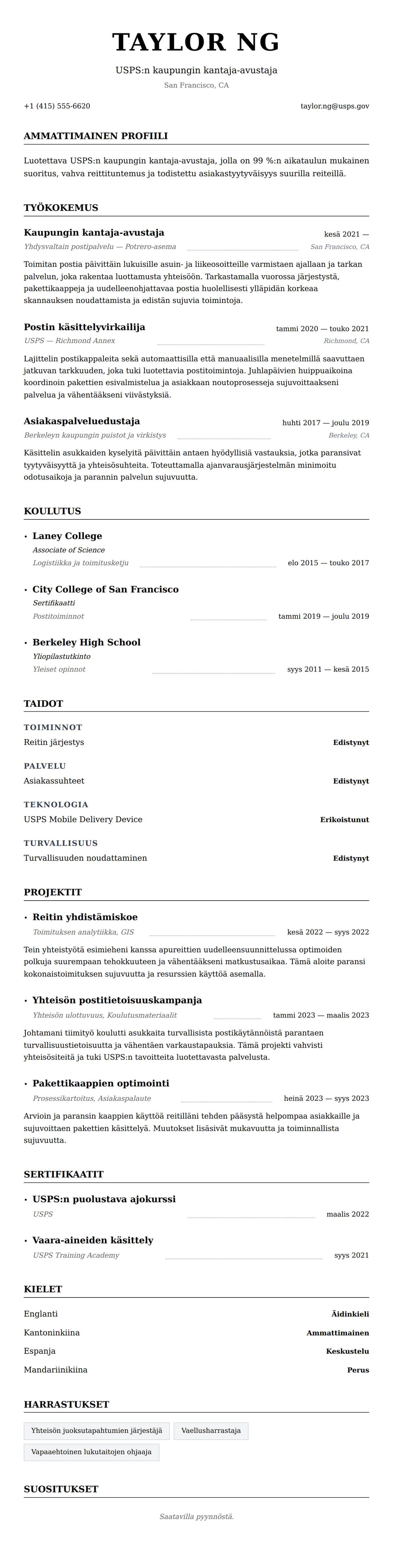 Ansioluetteloesikatselu kohteelle Postipalvelun työntekijän ansioluetteloesimerkki