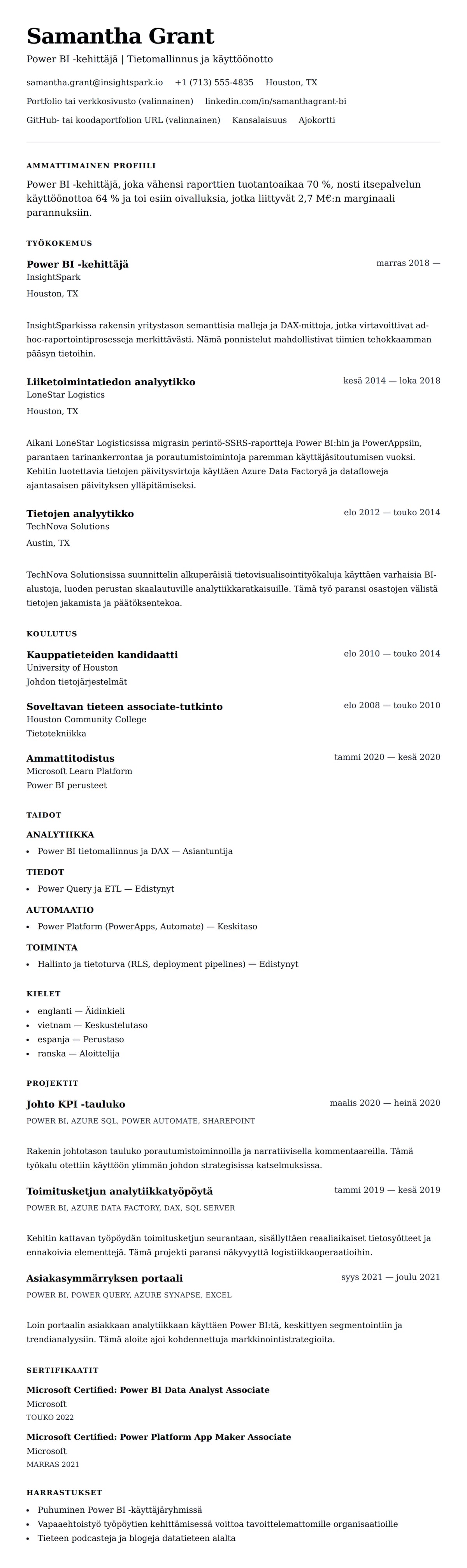 Ansioluetteloesikatselu kohteelle Power BI -kehittäjän ansioluetteloesimerkki