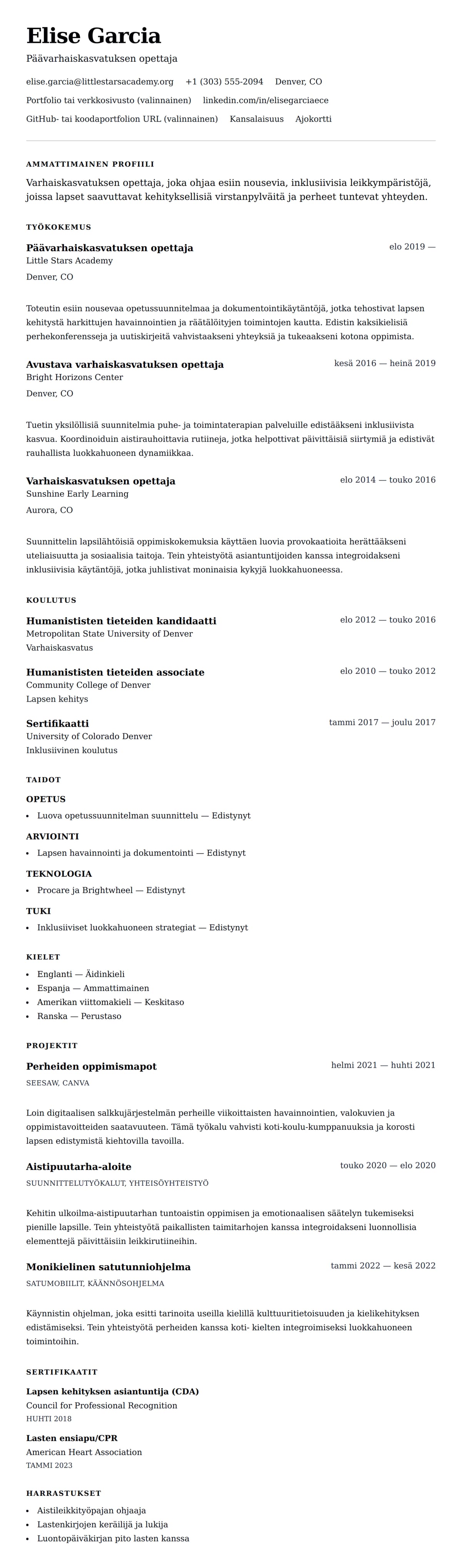 Ansioluetteloesikatselu kohteelle Varhaiskasvatuksen opettajan ansioluetteloesimerkki
