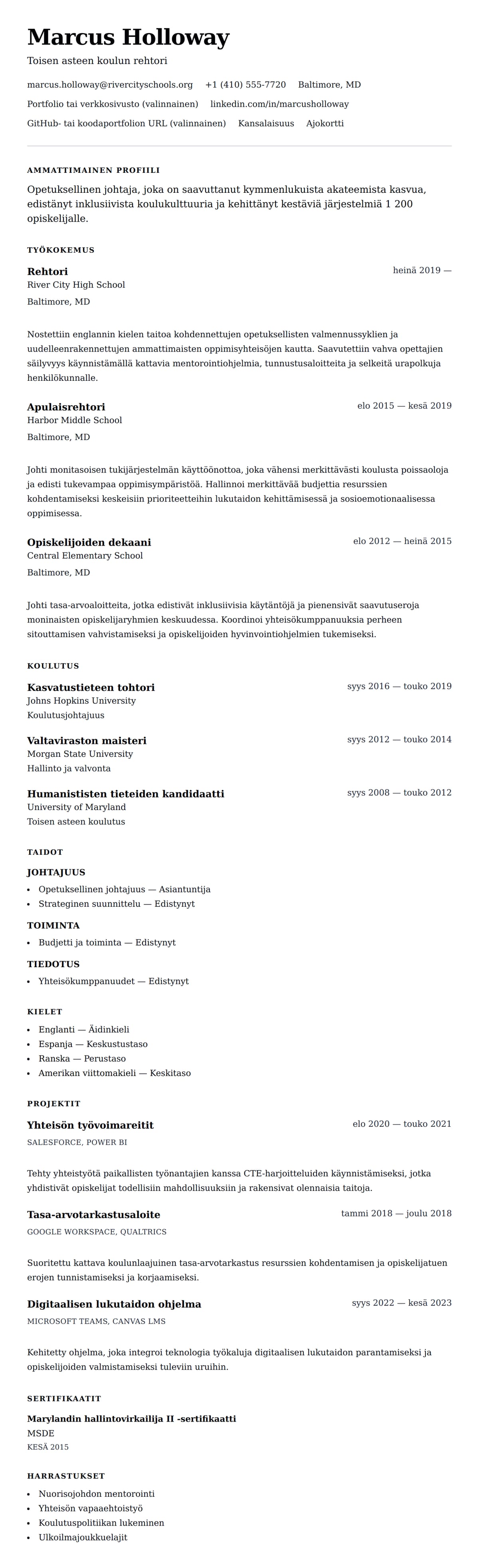 Ansioluetteloesikatselu kohteelle Rehtorin ansioluetteloesimerkki