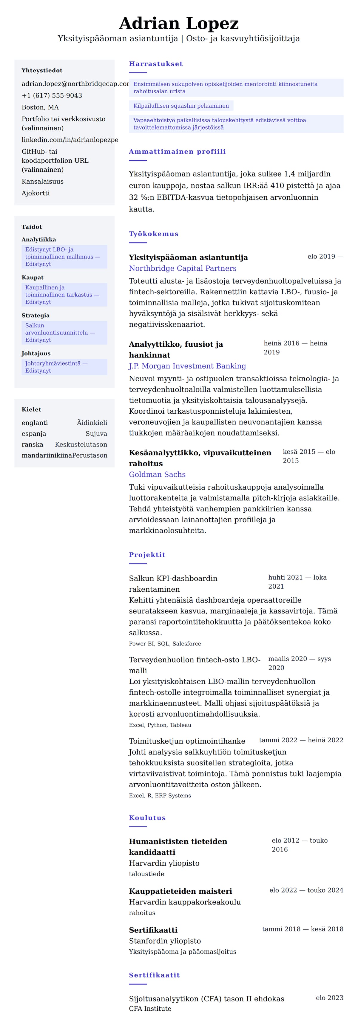 Ansioluetteloesikatselu kohteelle Yksityispääoman asiantuntijan ansioluetteloesimerkki