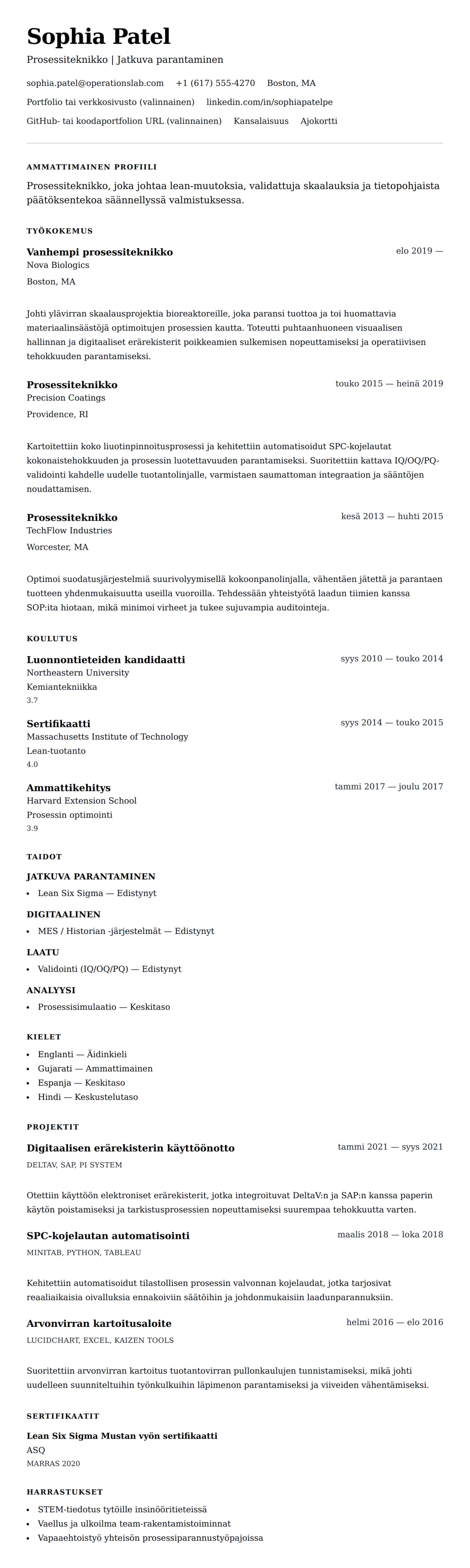 Ansioluetteloesikatselu kohteelle Prosessiteknikon ansioluetteloesimerkki