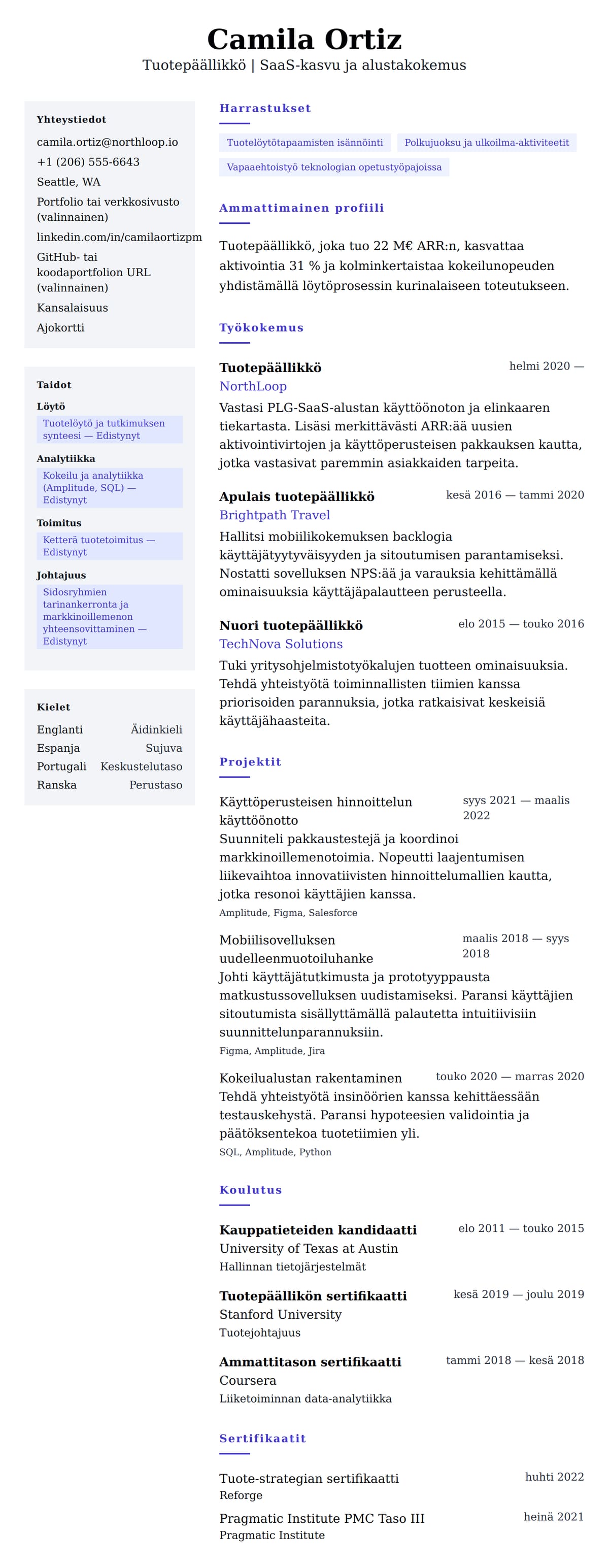 Ansioluetteloesikatselu kohteelle Tuotepäällikön ansioluettelon esimerkki