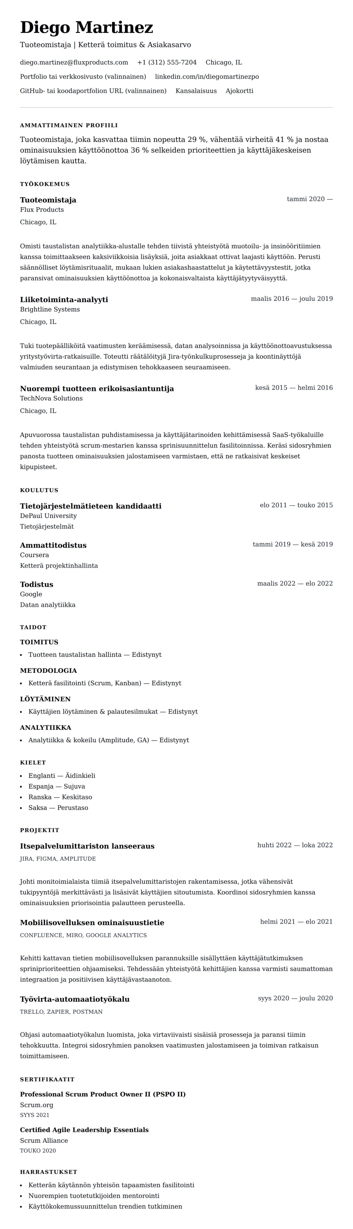 Ansioluetteloesikatselu kohteelle Tuoteomistajan ansioluetteloesimerkki