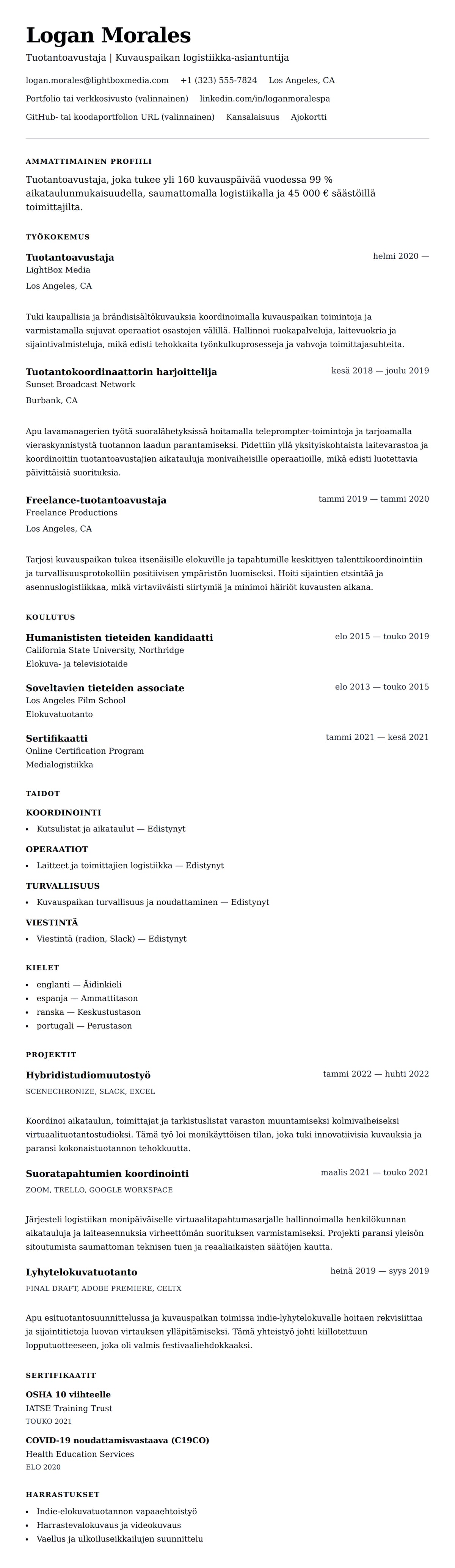 Ansioluetteloesikatselu kohteelle Tuotantoavustajan ansioluetteloesimerkki