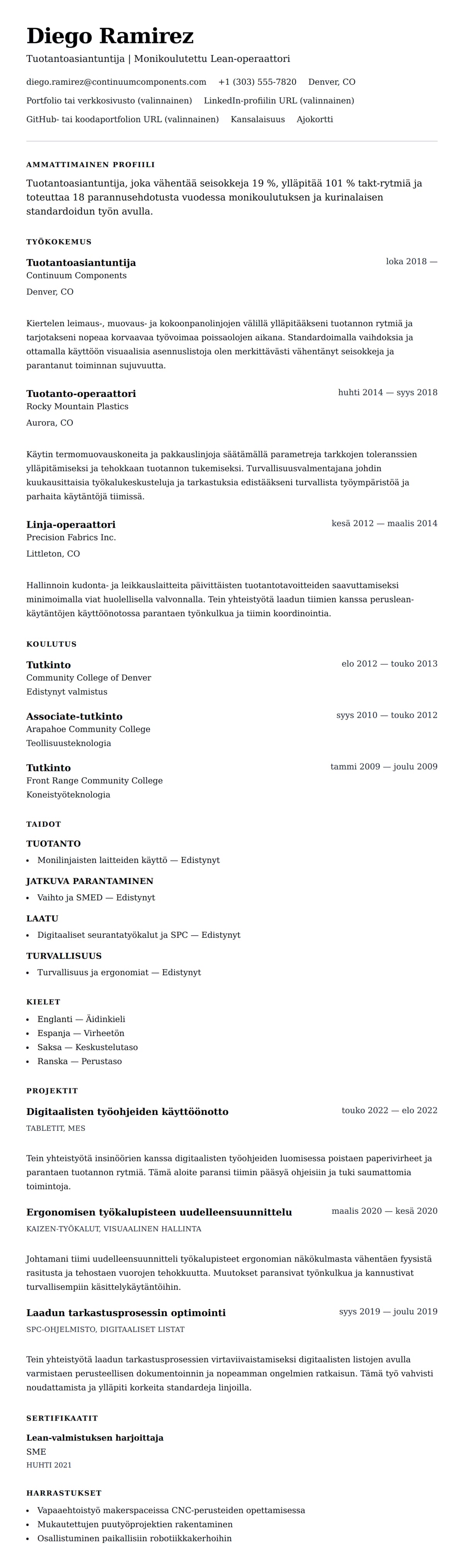 Ansioluetteloesikatselu kohteelle Tuotantoasiantuntijan ansioluetteloesimerkki