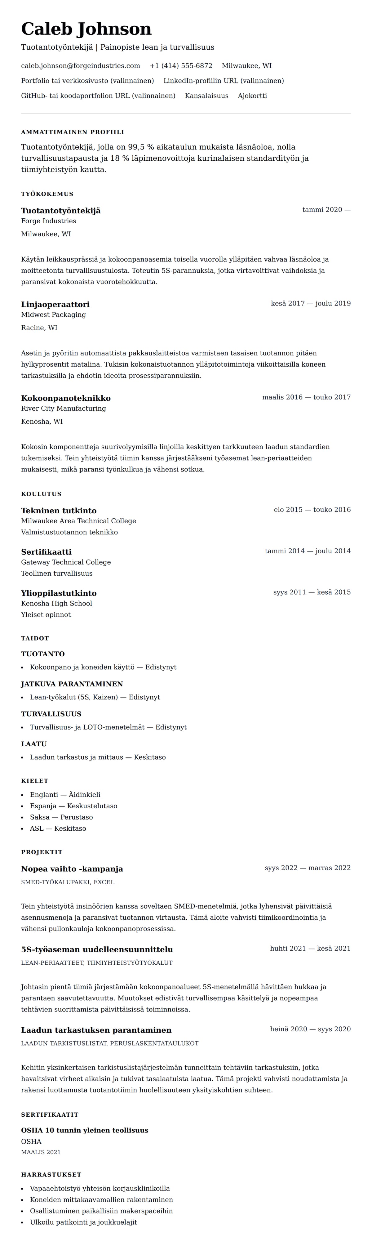 Ansioluetteloesikatselu kohteelle Tuotantotyöntekijän ansioluetteloesimerkki