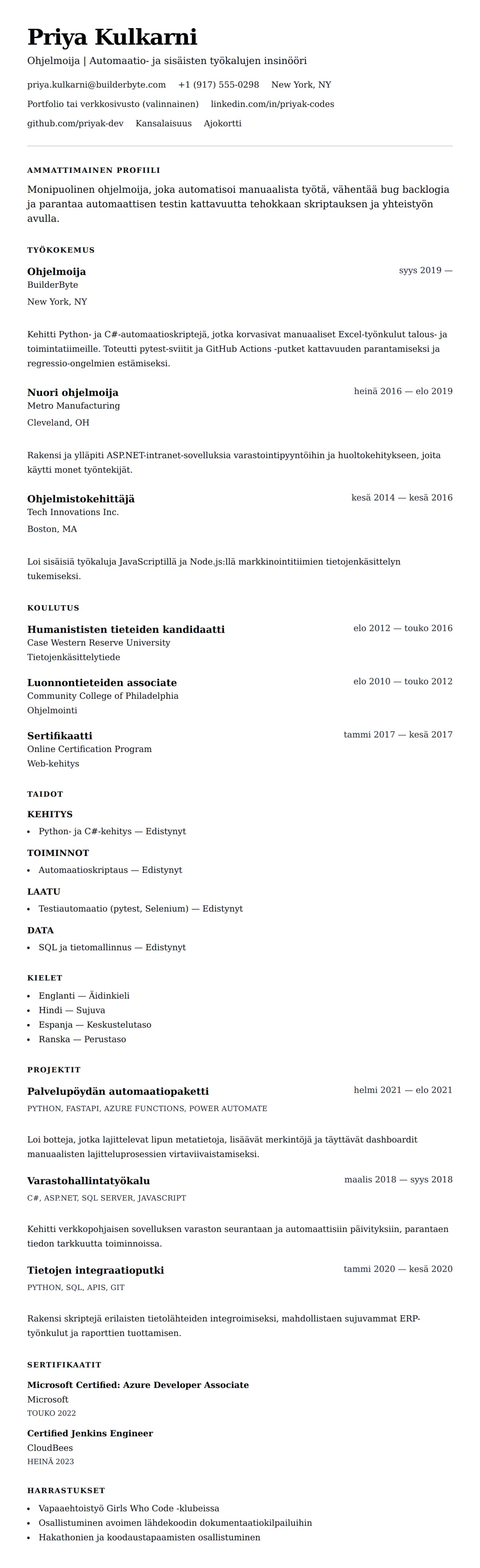 Ansioluetteloesikatselu kohteelle Ohjelmoijan ansioluetteloesimerkki