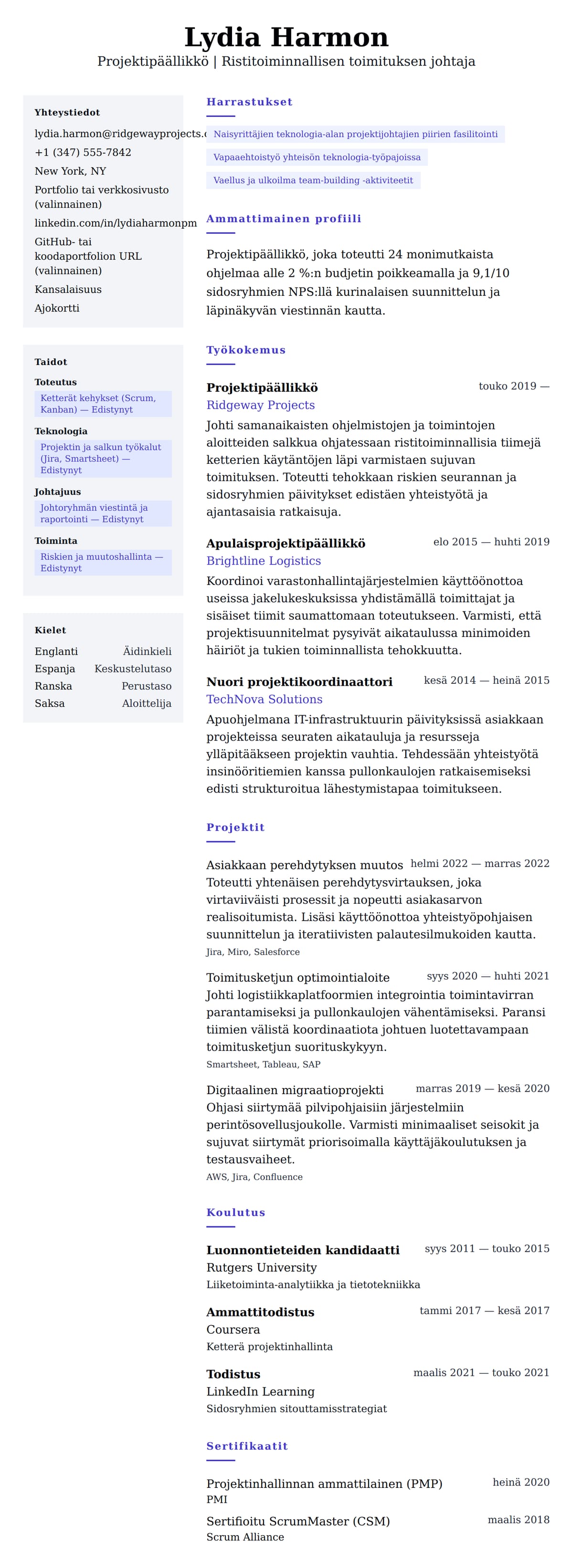 Ansioluetteloesikatselu kohteelle Projektipäällikön ansioluettelon esimerkki