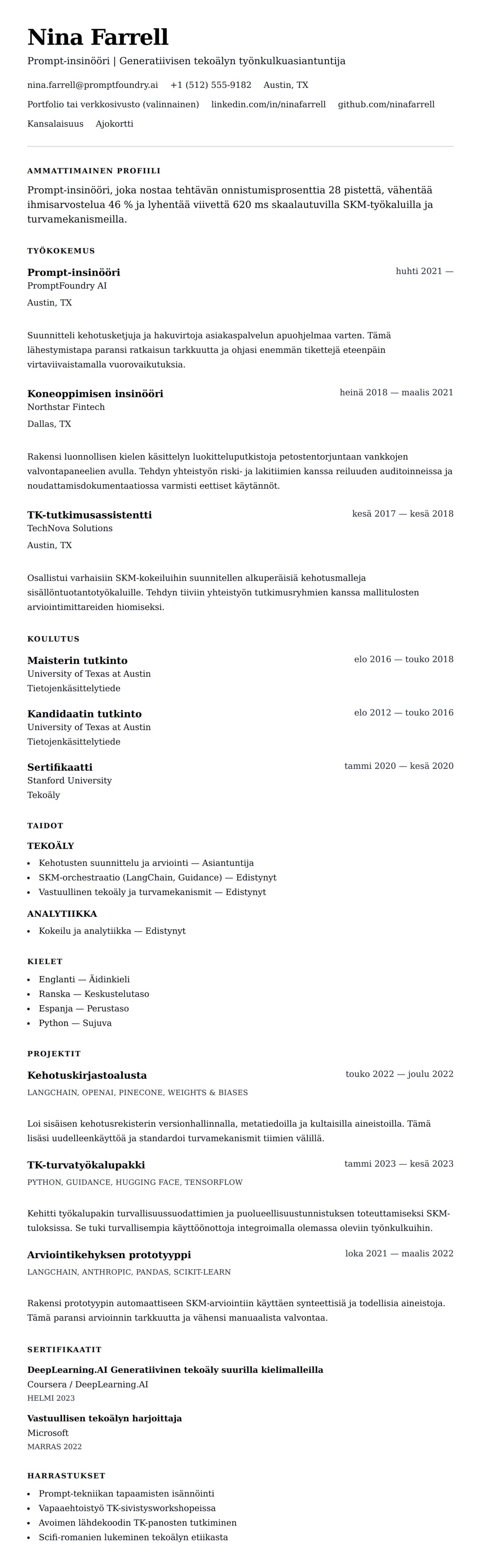 Ansioluetteloesikatselu kohteelle Prompt-insinööri CV-esimerkki
