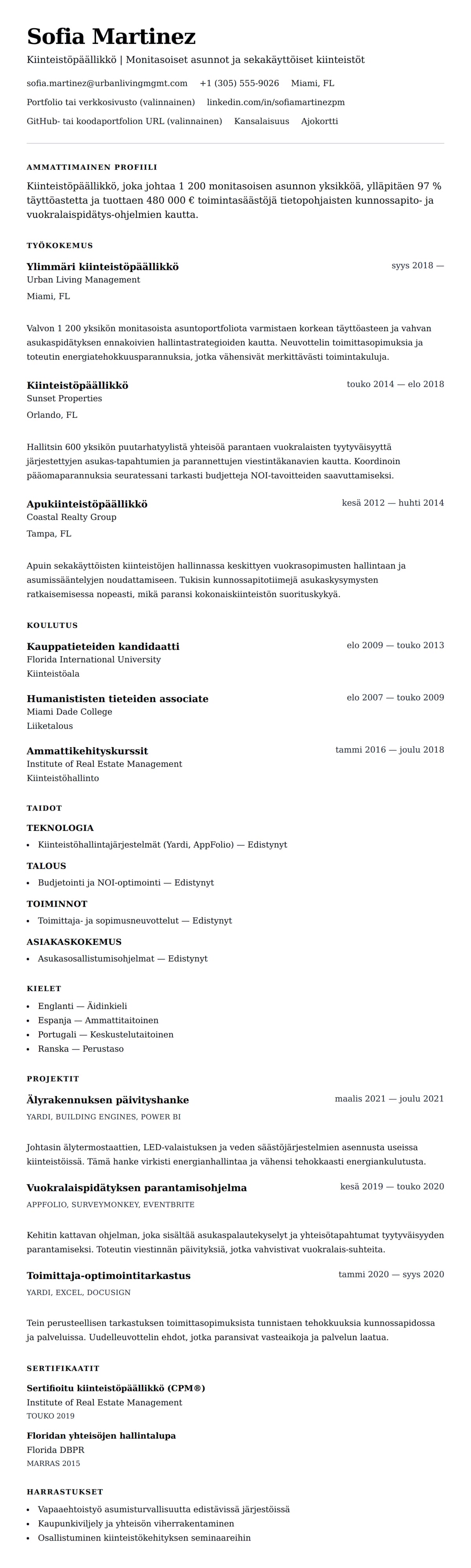 Ansioluetteloesikatselu kohteelle Kiinteistöpäällikön CV-esimerkki