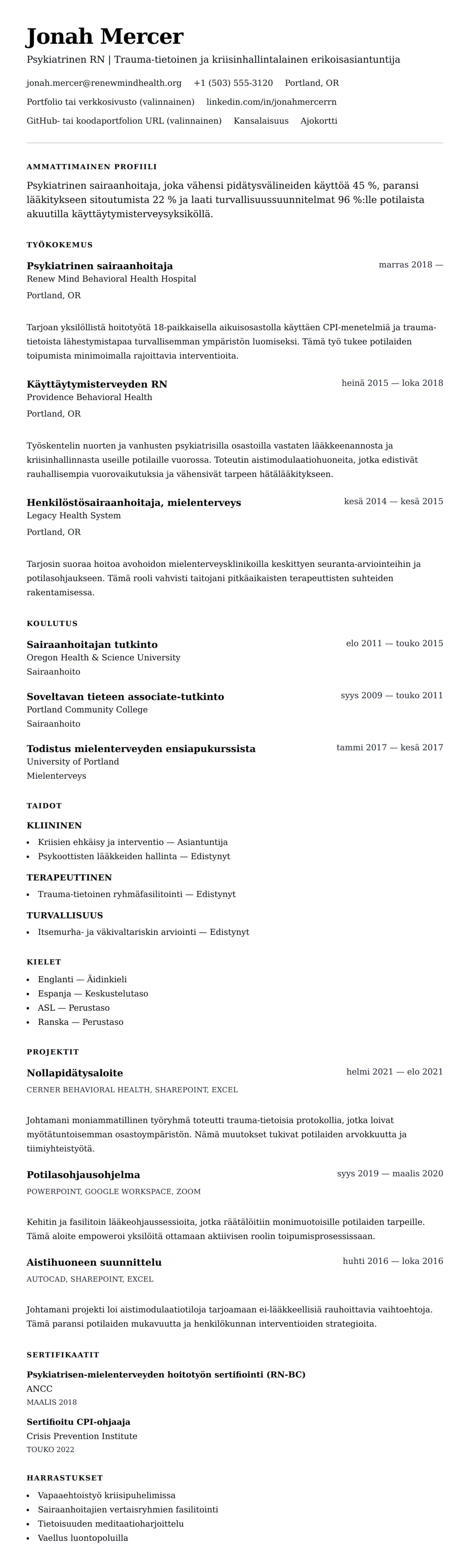 Ansioluetteloesikatselu kohteelle Psykiatrinen sairaanhoitaja – Esimerkkicv