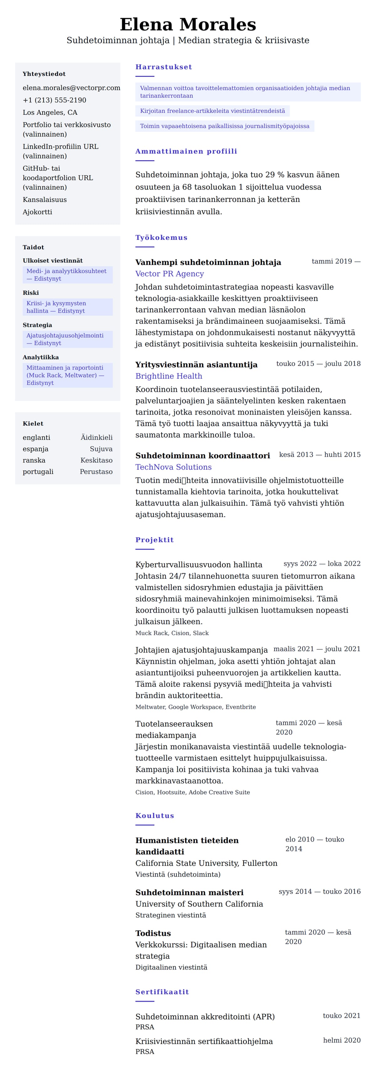 Ansioluetteloesikatselu kohteelle Suhdetoiminnan johtajan ansioluettelo-esimerkki