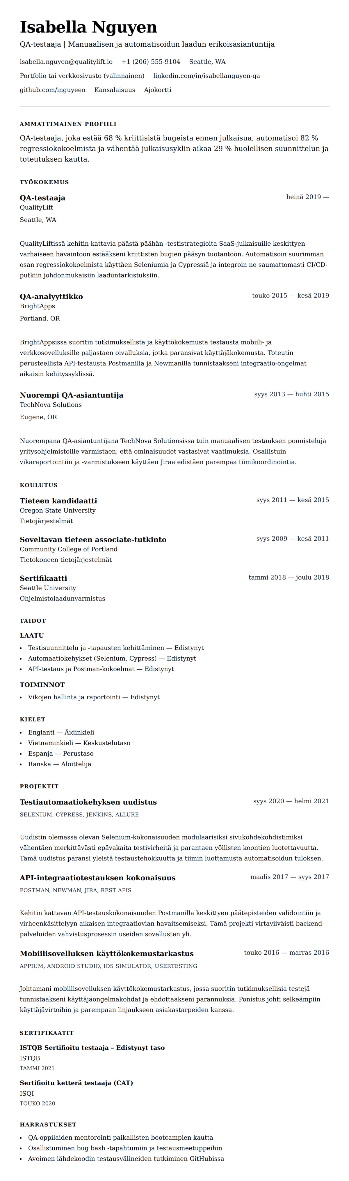 Ansioluetteloesikatselu kohteelle QA-testaajan ansioluetteloesimerkki