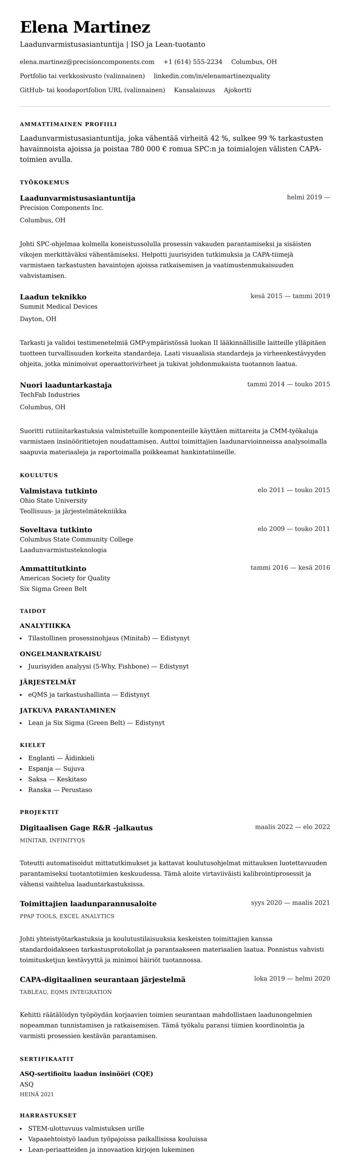 Ansioluetteloesikatselu kohteelle Laadunvarmistusasiantuntijan ansioluetteloesimerkki