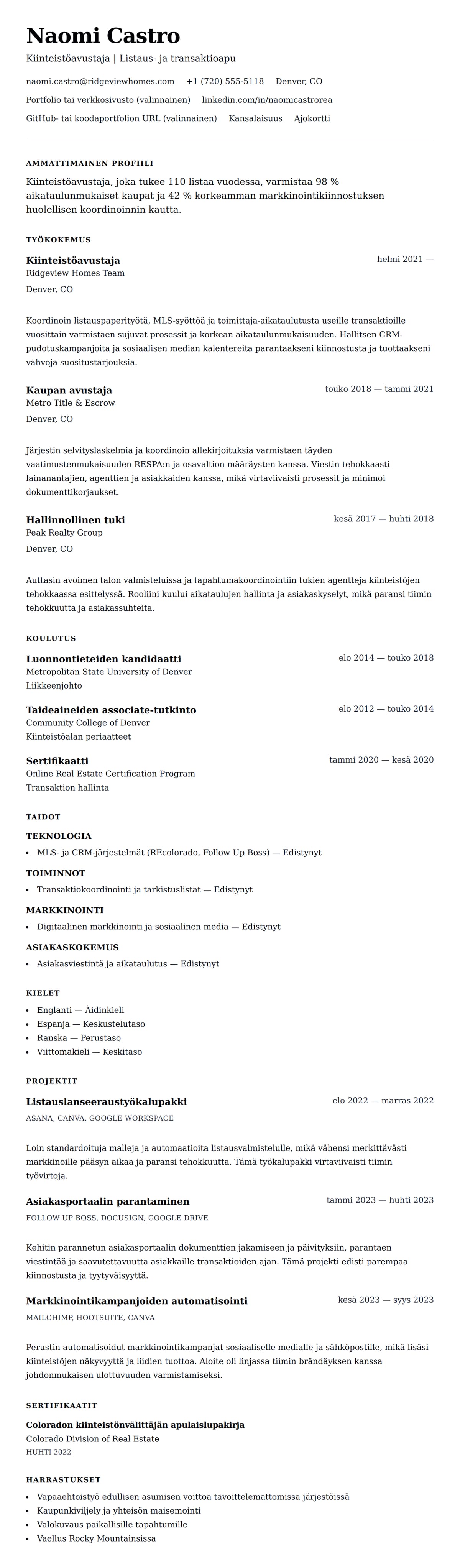 Ansioluetteloesikatselu kohteelle Kiinteistöavustajan CV-esimerkki