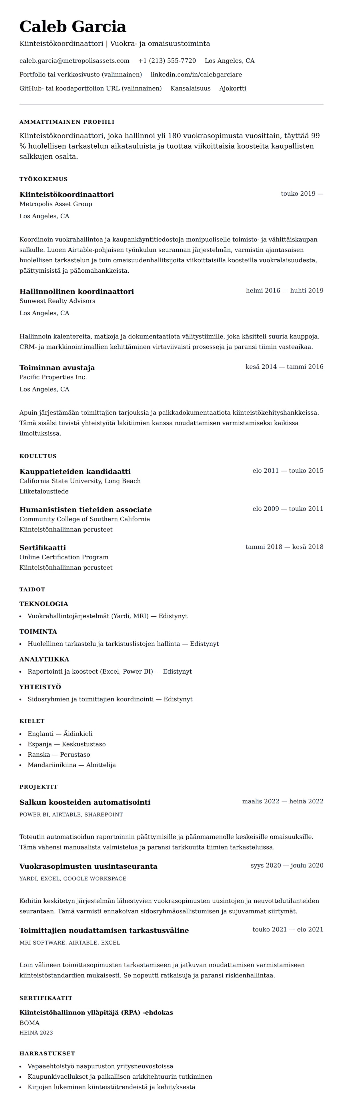 Ansioluetteloesikatselu kohteelle Kiinteistökoordinaattorin ansioluettelon esimerkki