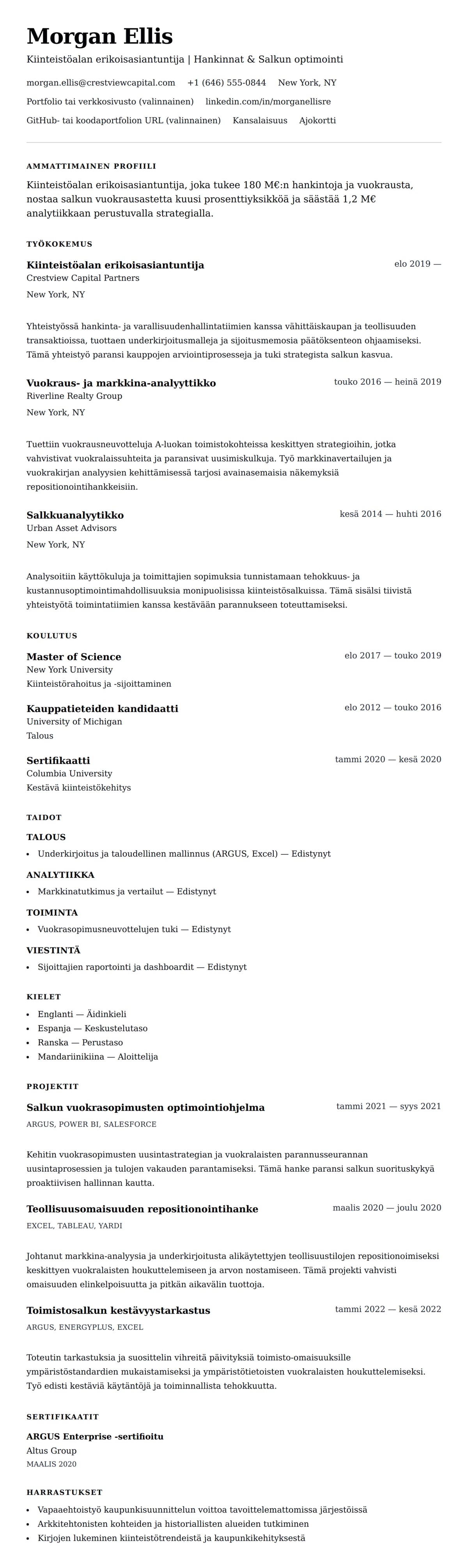 Ansioluetteloesikatselu kohteelle Esimerkki kiinteistöalan erikoisasiantuntijan ansioluettelosta