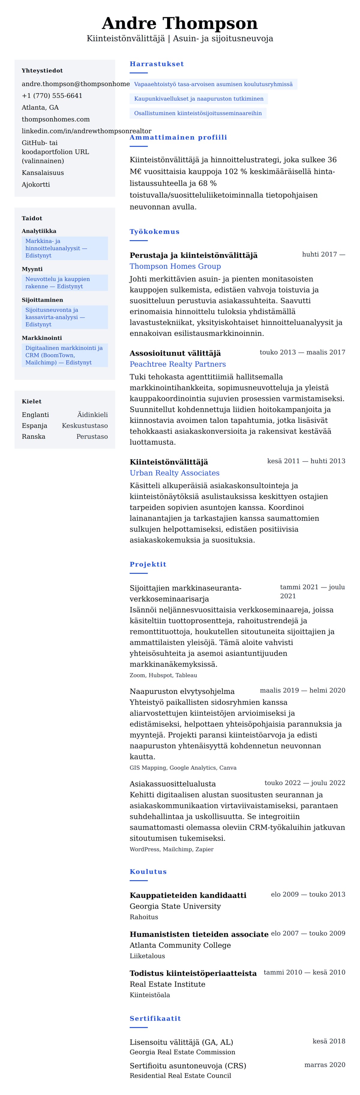 Ansioluetteloesikatselu kohteelle Kiinteistönvälittäjän CV-esimerkki