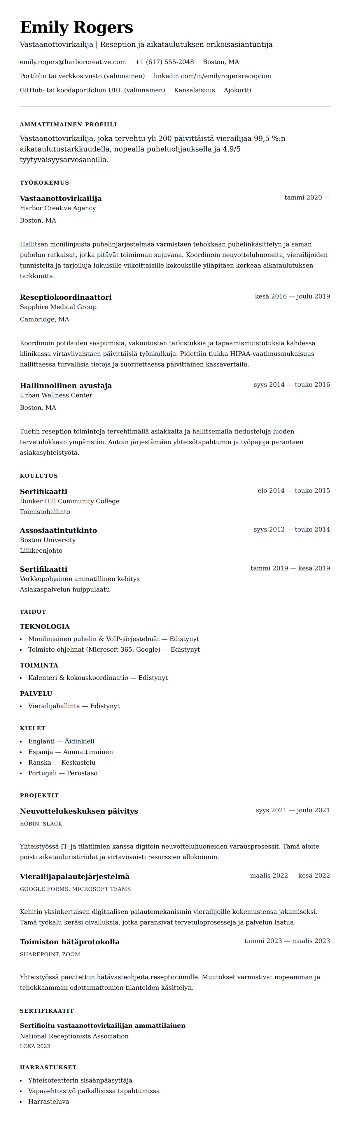 Ansioluetteloesikatselu kohteelle Vastaanottovirkailijan CV-esimerkki