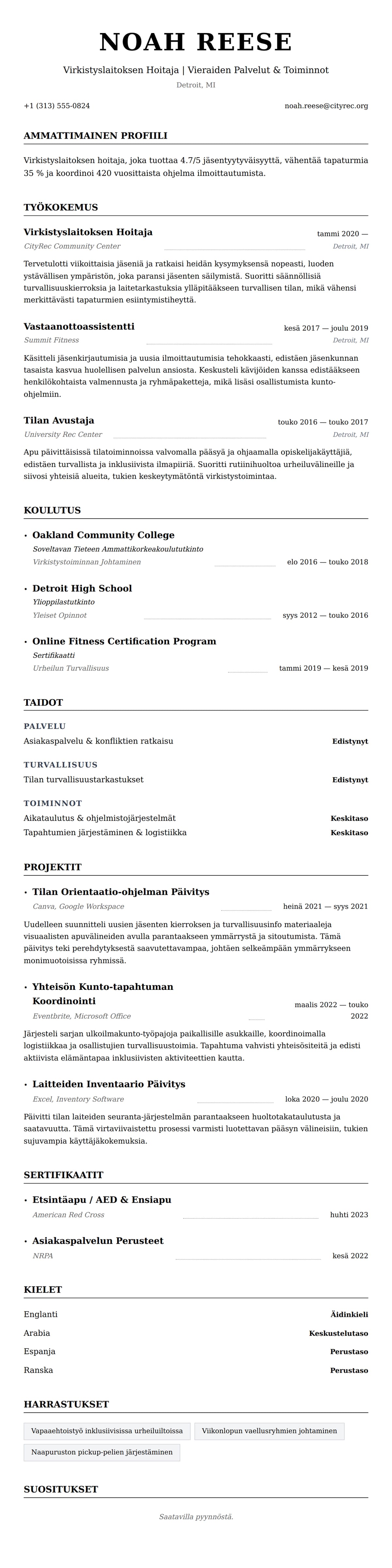Ansioluetteloesikatselu kohteelle Virkistyslaitoksen Hoitajan CV-esimerkki
