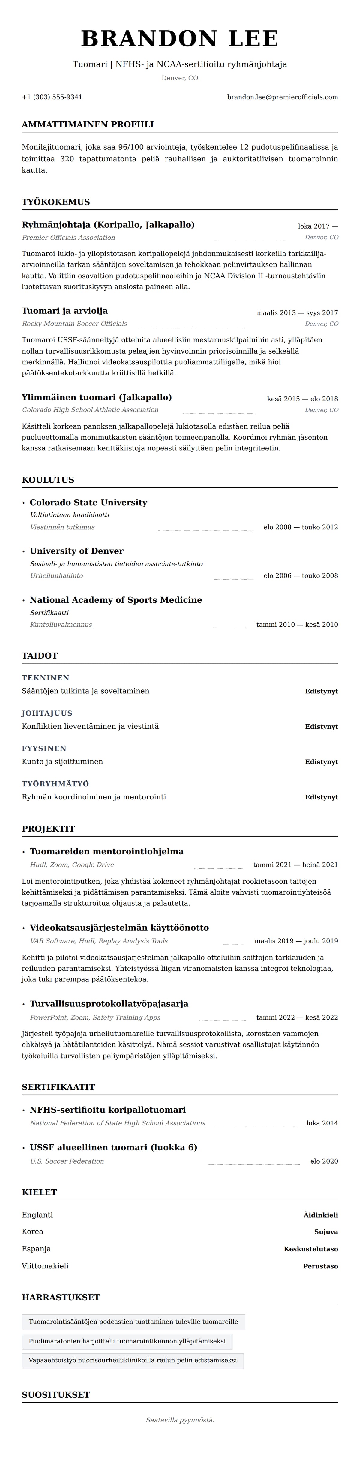 Ansioluetteloesikatselu kohteelle Tuomarin ansioluetteloesimerkki