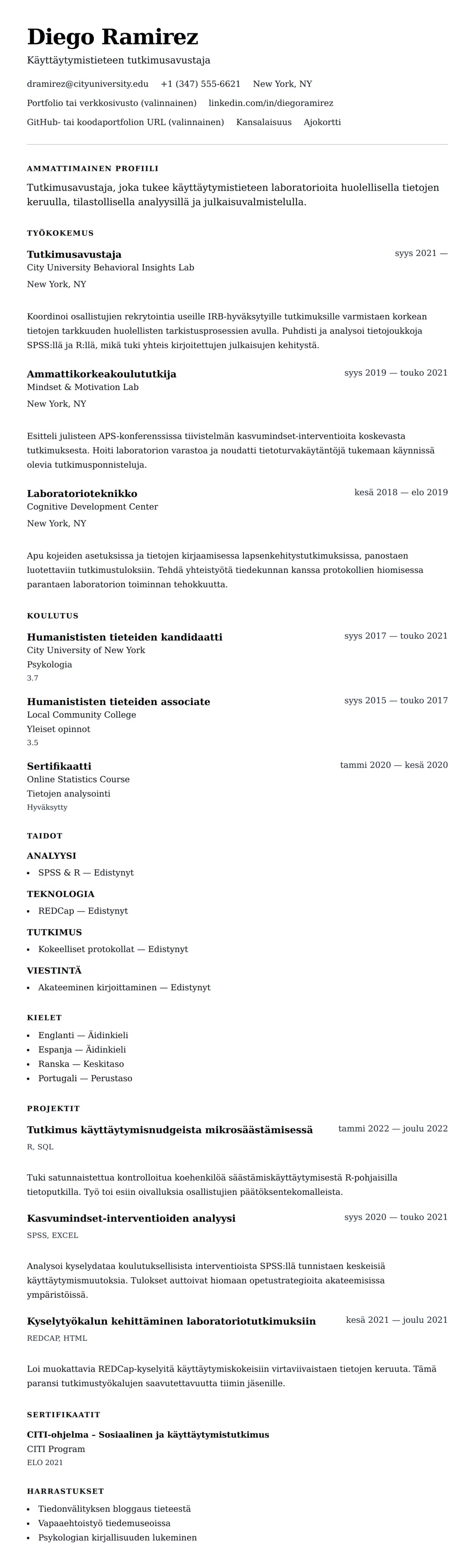 Ansioluetteloesikatselu kohteelle Tutkimusavustajan ansioluetteloesimerkki