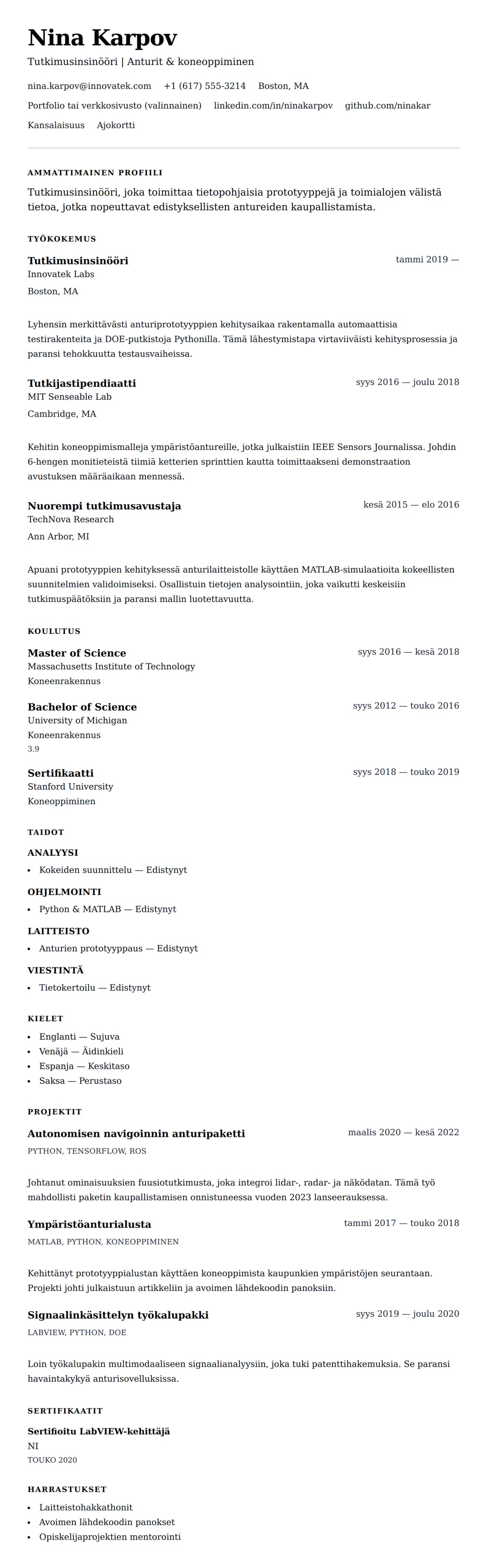 Ansioluetteloesikatselu kohteelle Tutkimusinsinöörin ansioluettelon esimerkki