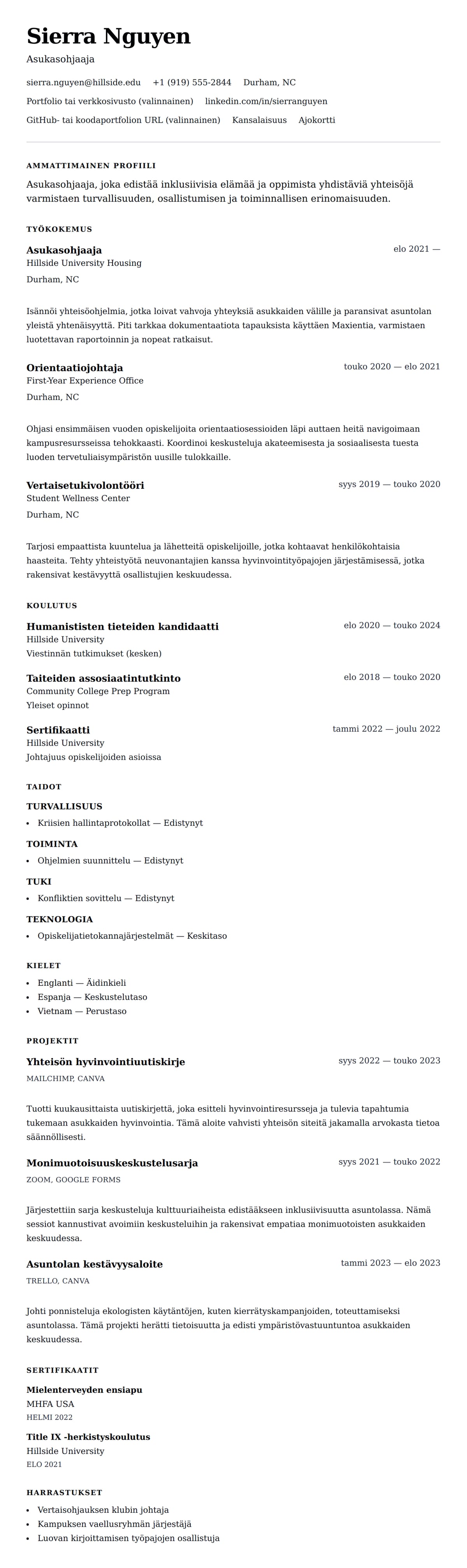 Ansioluetteloesikatselu kohteelle Asukasohjaajan CV-esimerkki
