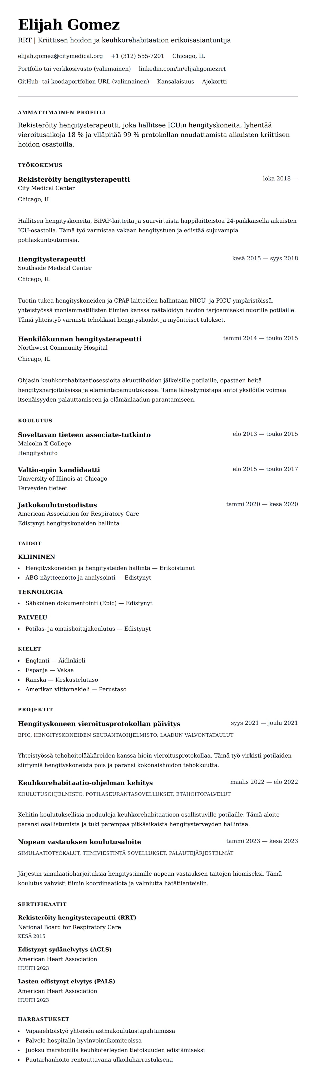 Ansioluetteloesikatselu kohteelle Hengitysterapeutin ansioluettelo esimerkki