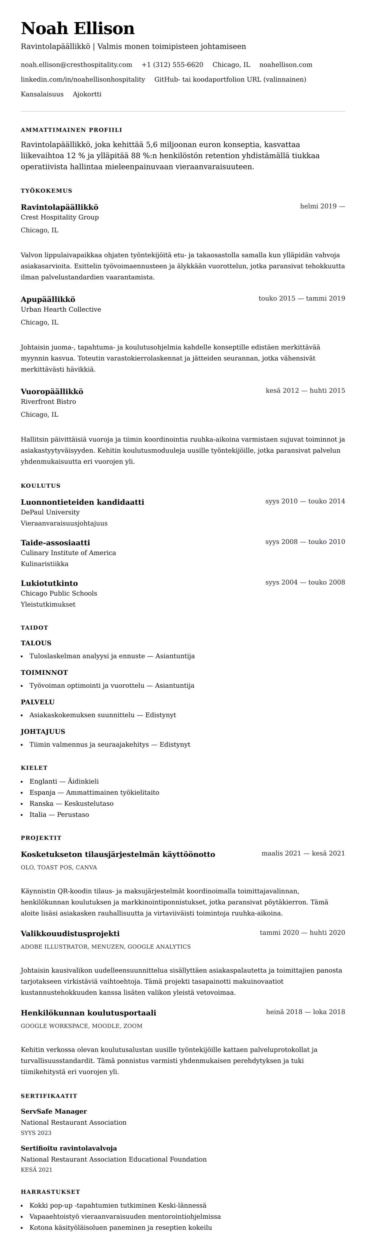Ansioluetteloesikatselu kohteelle Ravintolapäällikkö CV-esimerkki