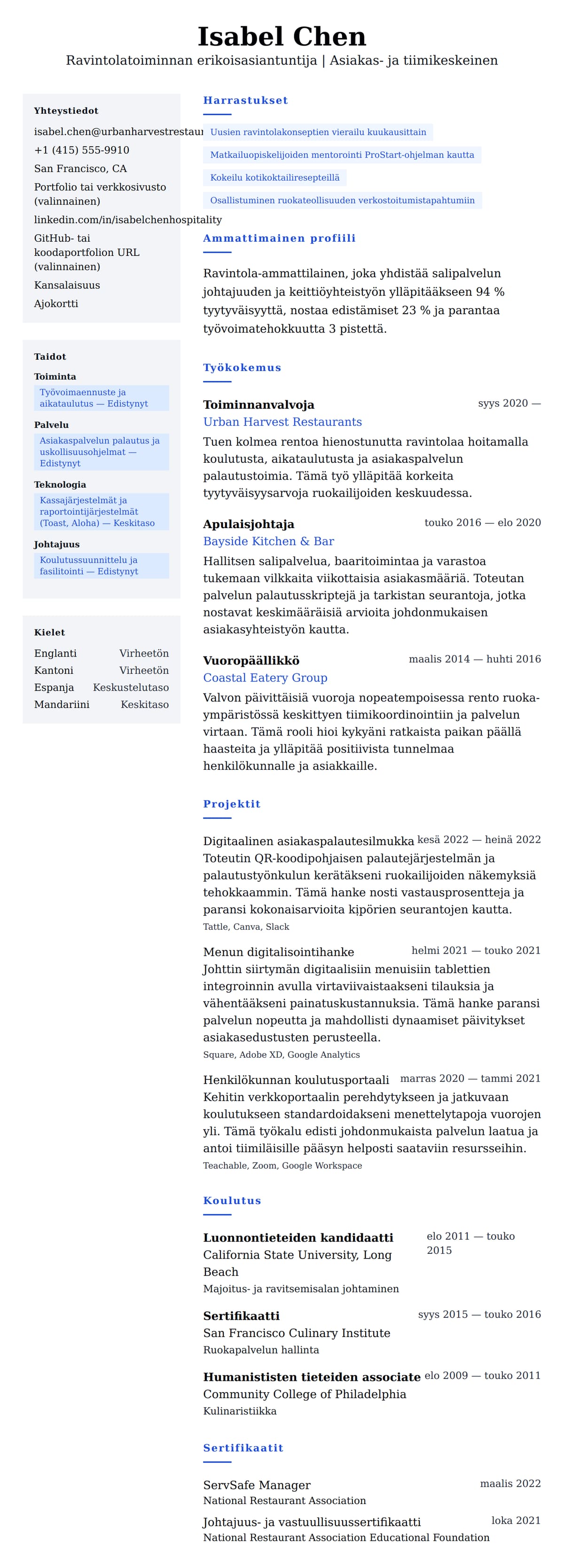 Ansioluetteloesikatselu kohteelle Ravintola-ammattilaisen ansioluetteloesimerkki