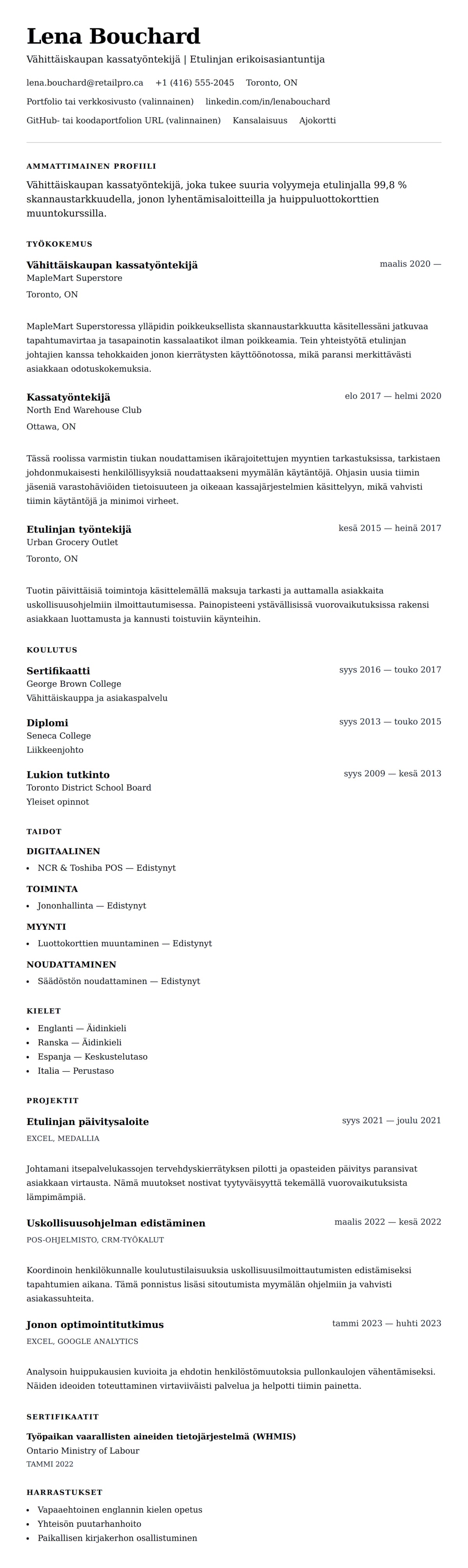 Ansioluetteloesikatselu kohteelle Vähittäiskaupan kassatyöntekijän ansioluetteloesimerkki